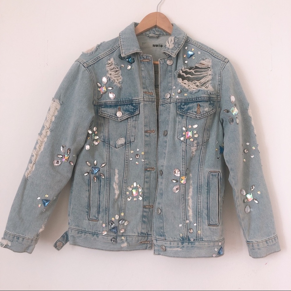 Topshop ripped denim/jean jacket w crystal stone